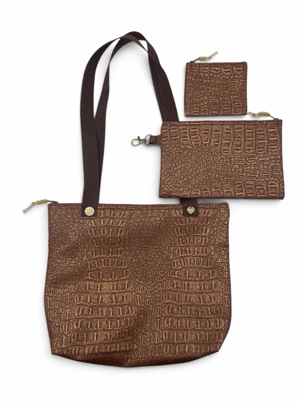 NWT-Style Custom Brown Croc 3-Pc Tote Set • Faux Leather • Gold Crest